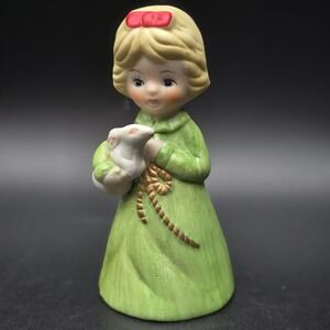 Vintage 1978 Jasco Merri-Bell Girl in Green Dress w/ Bunny Rabbit Ceramic Bell